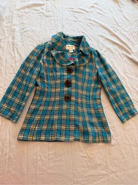 An Ren Teal Turquoise Yellow Pink plaid coat blazer Large Buttons Collar